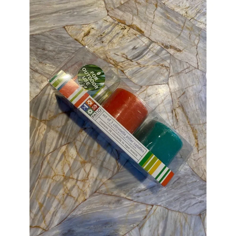 Patio Companion Set of‎ 2 Citronella Pillar Candles Orange Teal Outdoor Use